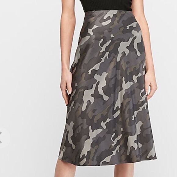 Express- Black & Grey Camo Satin Midi Skirt - Picture 1 of 7